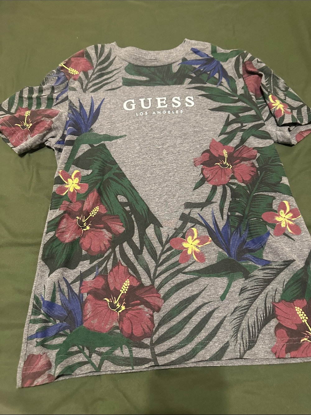 GUESS Gray Tropical Floral Logo Tee - Red, Blue, Yellow